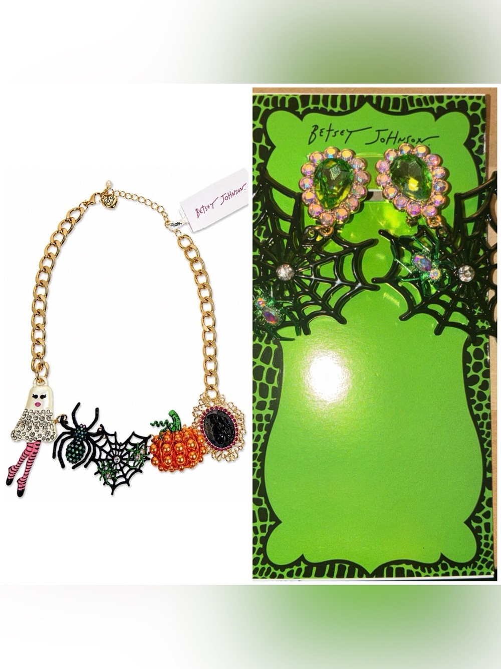 BETSEY JOHNSON SET Halloween Revival Charm Necklace & Web Heart Earrings NWT